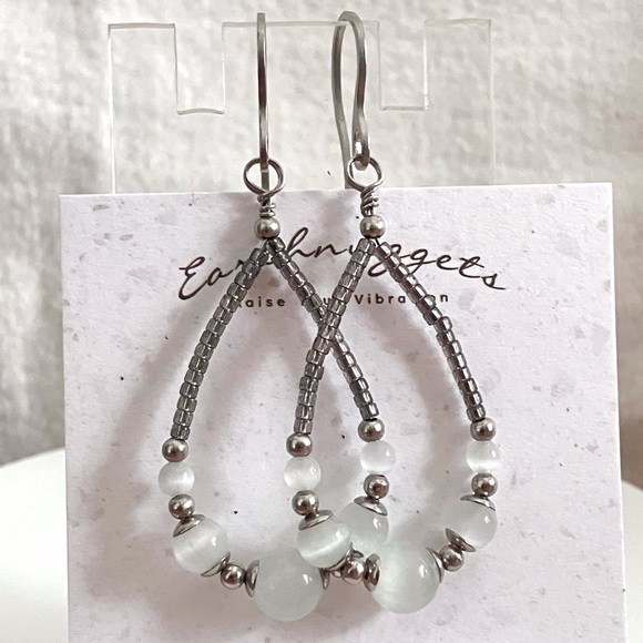 Natural Selenite Teardrop Hoop Earrings in Stainless Steel Handmade Artisan - Picture 5 of 10